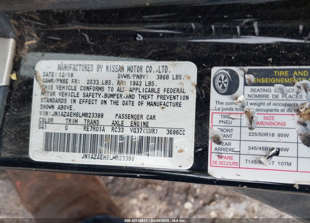 2020 NISSAN 370Z 7-SPEED AUTOMATIC VIN: JN1AZ4EH6LM823399
