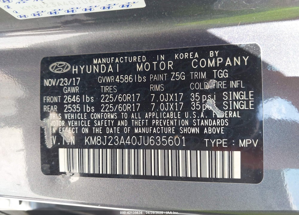 2018 HYUNDAI TUCSON VIN: KM8J23A40JU635601