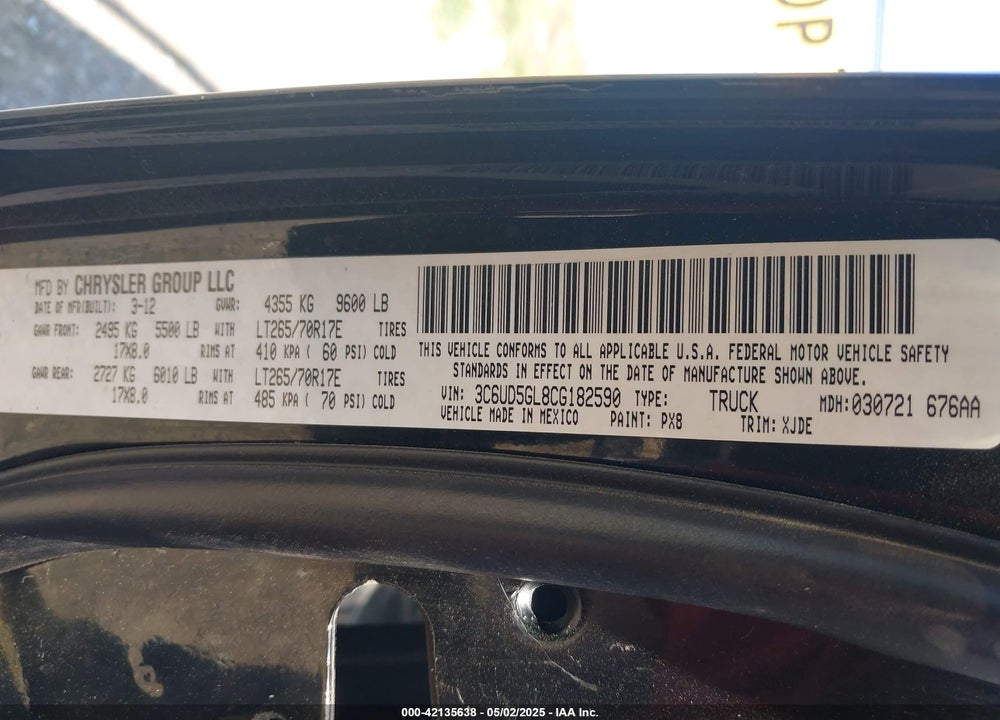 2012 RAM 2500 LAIE LONGHORN/LIMITED EDITION VIN: 3C6UD5GL8CG182590