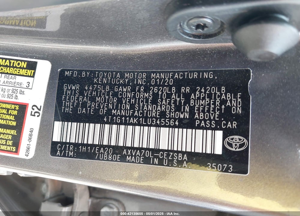 2020 TOYOTA CAMRY VIN: 4T1G11AK1LU345564