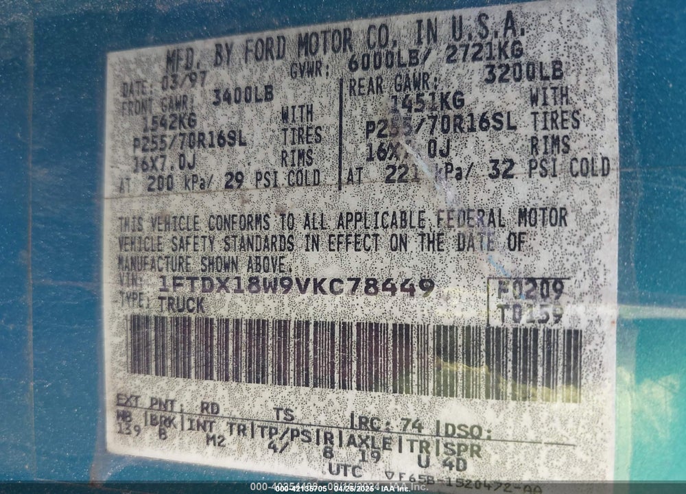 1997 FORD F-150 VIN: 1FTDX18W9VKC78449