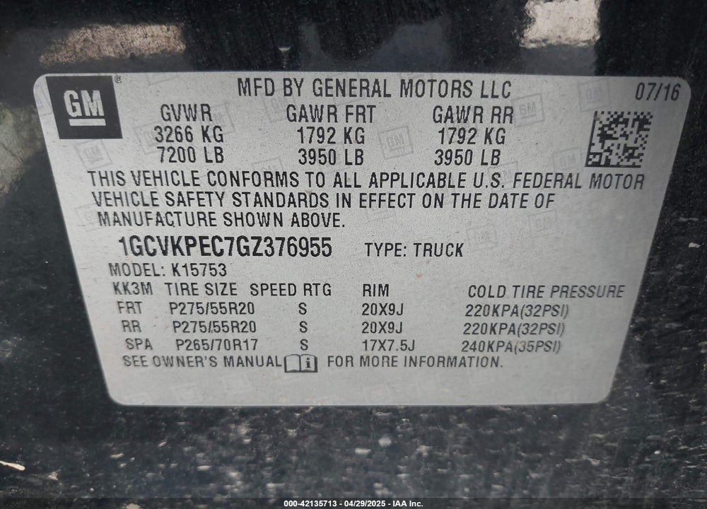 2016 CHEVROLET SILVERADO 1500 VIN: 1GCVKPEC7GZ376955