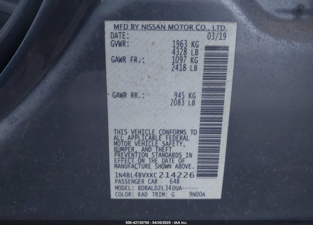 2019 NISSAN ALTIMA VIN: 1N4BL4BVXKC214226