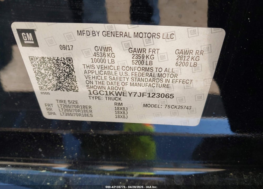 2018 CHEVROLET SILVERADO 2500HD LTZ VIN: 1GC1KWEY7JF123065