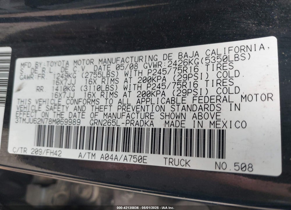 2008 TOYOTA TACOMA PRERUNNER V6 VIN: 3TMJU62N78M069989