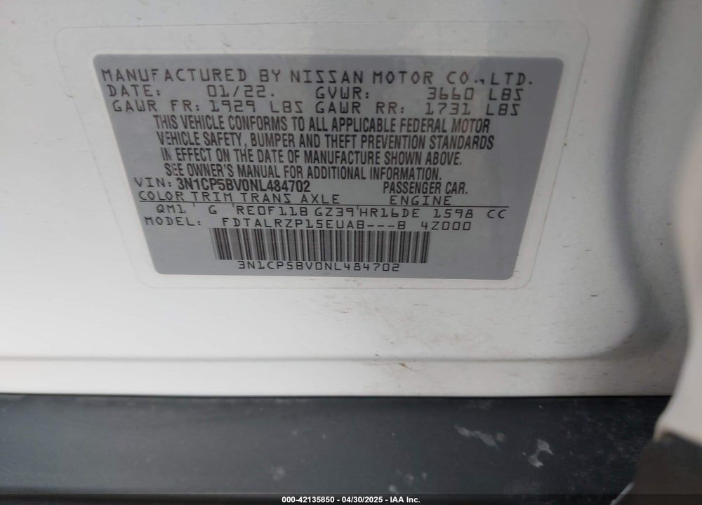2022 NISSAN KICKS S XTRONIC CVT VIN: 3N1CP5BV0NL484702