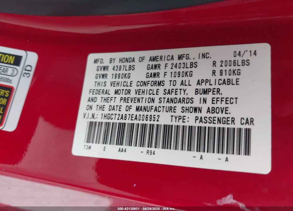2014 HONDA ACCORD VIN: 1HGCT2A87EA006952