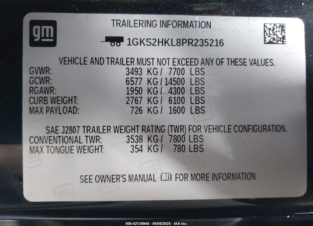 2023 GMC YUKON XL VIN: 1GKS2HKL8PR235216