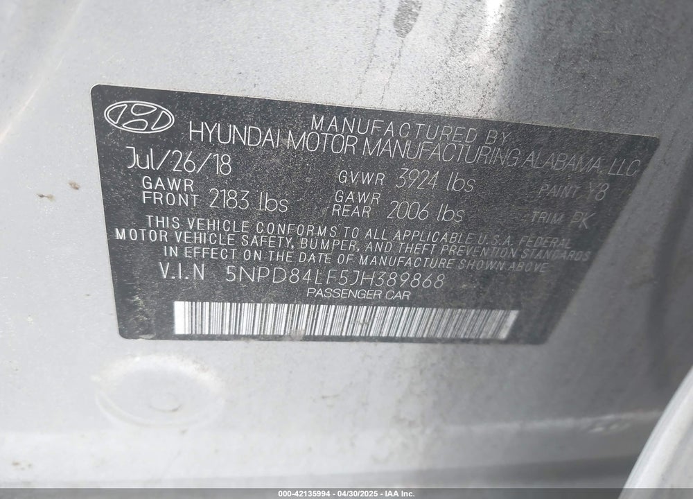 2018 HYUNDAI ELANTRA VIN: 5NPD84LF5JH389868