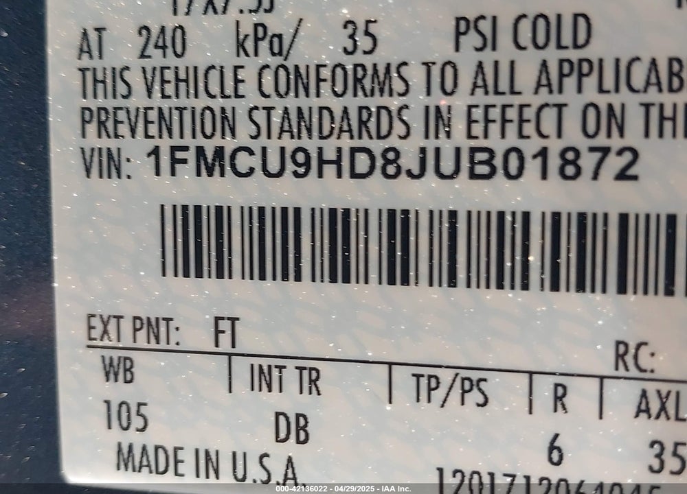 2018 FORD ESCAPE SEL VIN: 1FMCU9HD8JUB01872