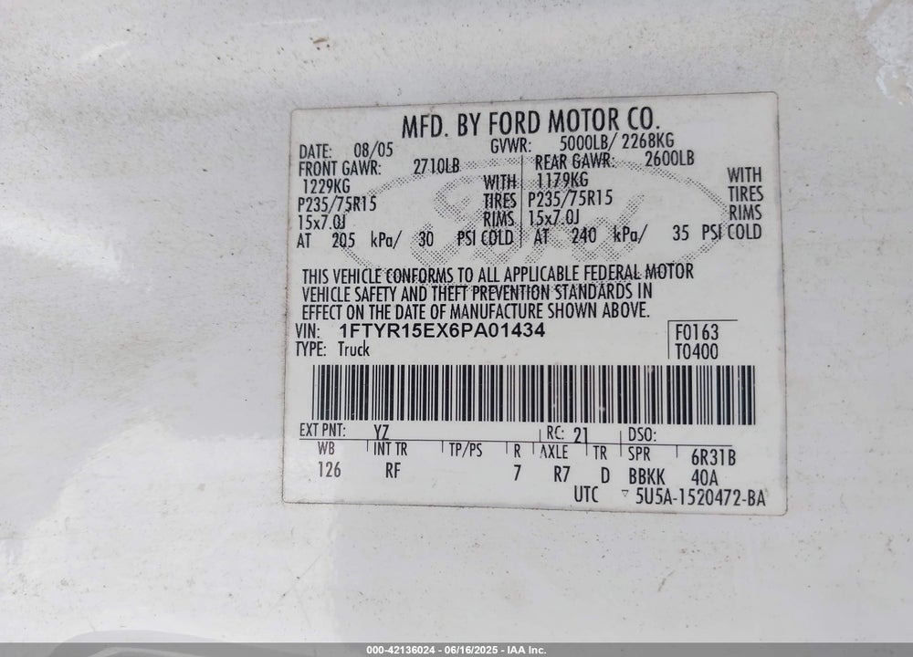 2006 FORD RANGER SUPER CAB VIN: 1FTYR15EX6PA01434
