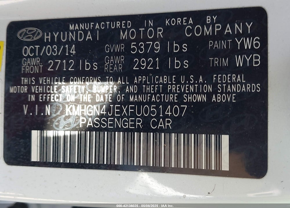 2015 HYUNDAI GENESIS VIN: KMHGN4JEXFU051407