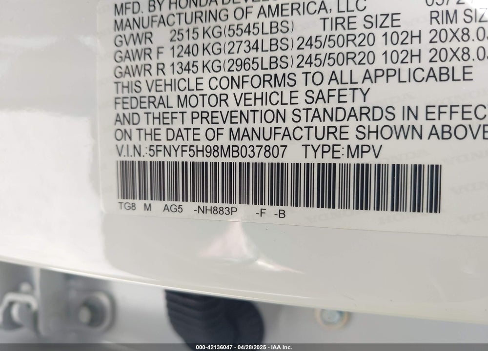 2021 HONDA PILOT VIN: 5FNYF5H98MB037807