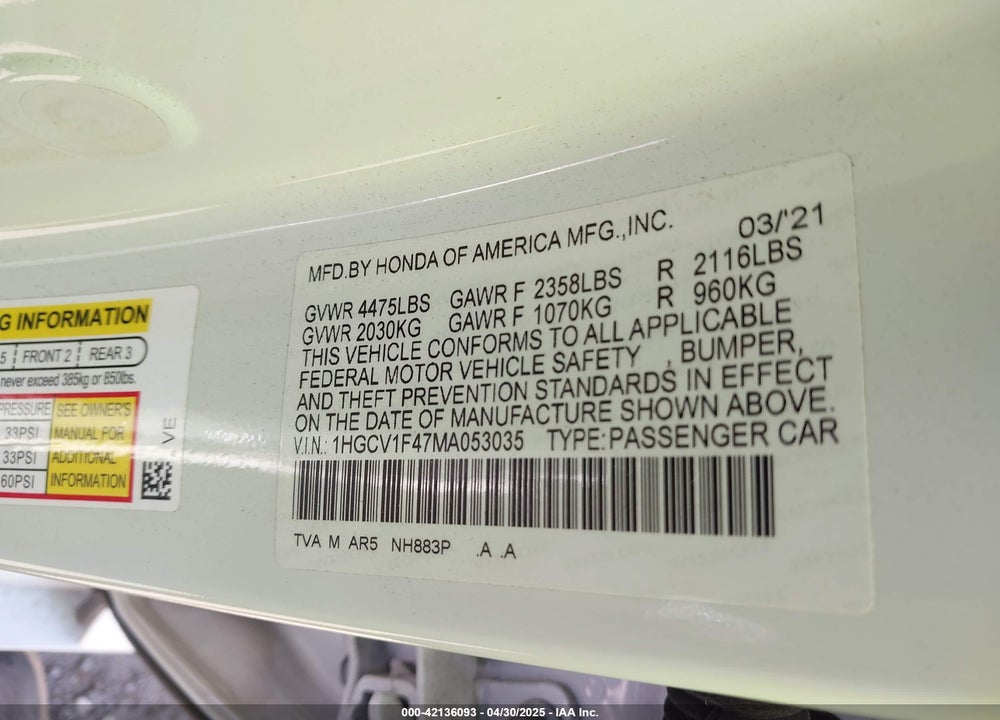 2021 HONDA ACCORD VIN: 1HGCV1F47MA053035
