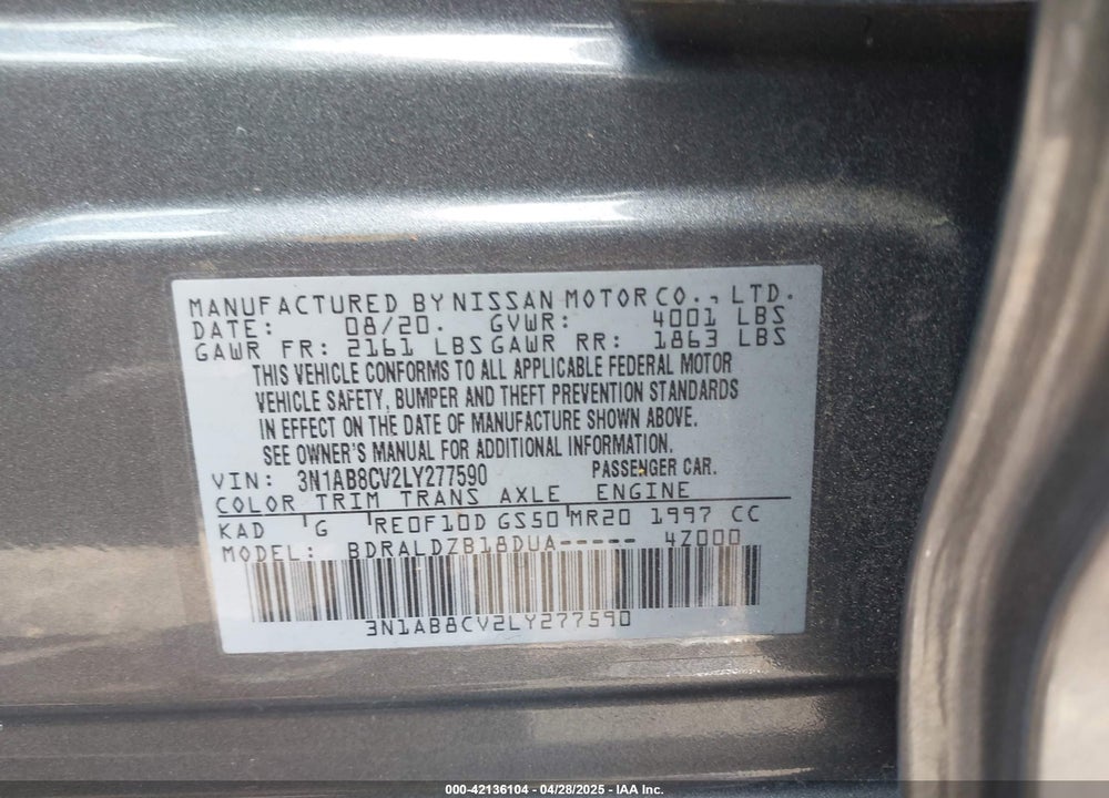 2020 NISSAN SENTRA SV XTRONIC CVT VIN: 3N1AB8CV2LY277590