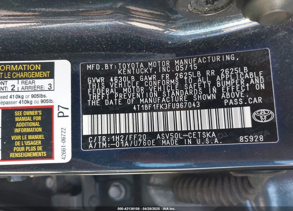 2015 TOYOTA CAMRY VIN: 4T1BF1FK3FU967043
