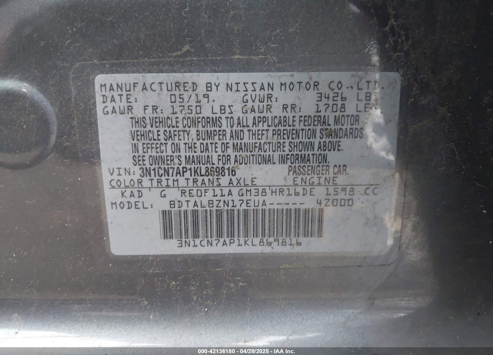 2019 NISSAN VERSA VIN: 3N1CN7AP1KL869816