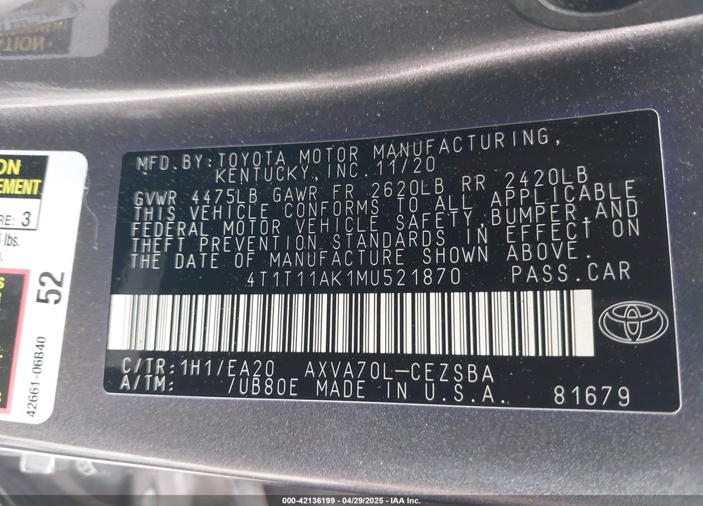 2021 TOYOTA CAMRY VIN: 4T1T11AK1MU521870