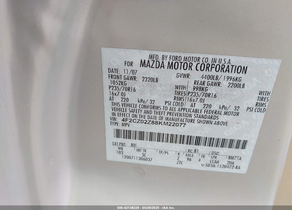 2008 MAZDA TRIBUTE I SPORT VIN: 4F2CZ02Z88KM22077