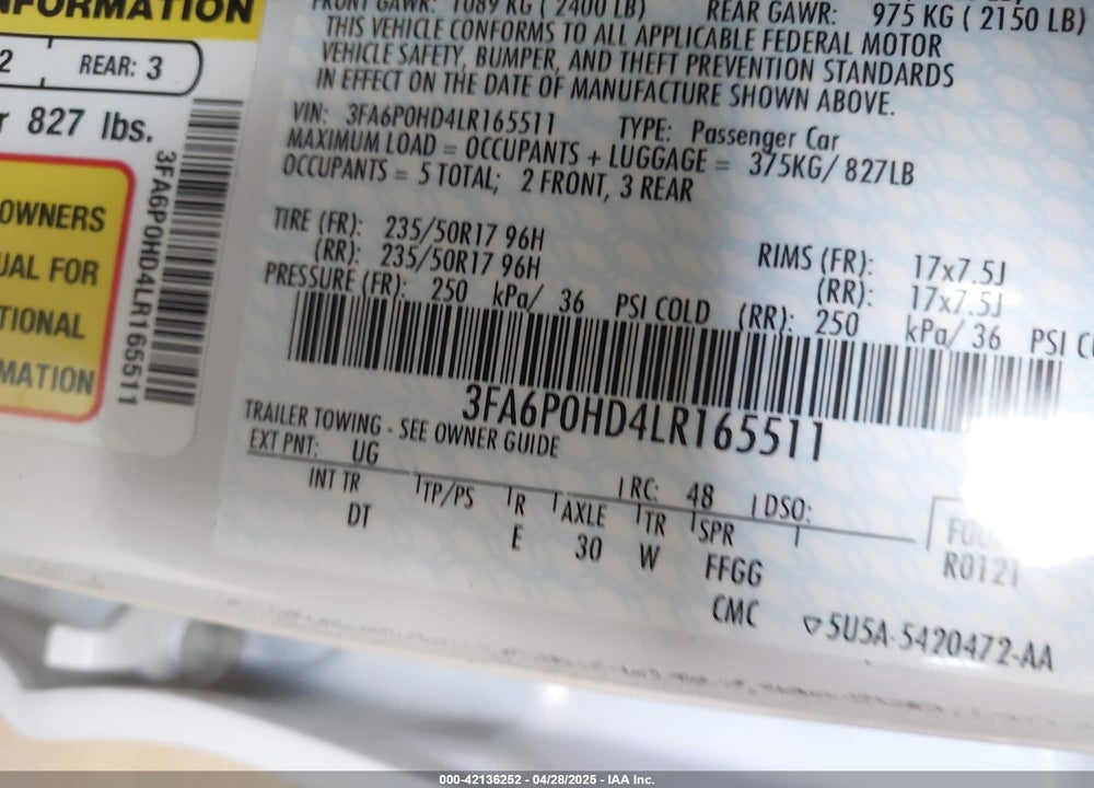 2020 FORD FUSION VIN: 3FA6P0HD4LR165511