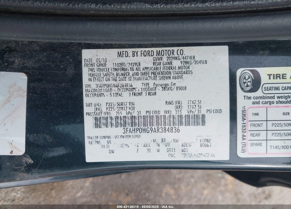 2010 FORD FUSION VIN: 3FAHP0HG9AR384836