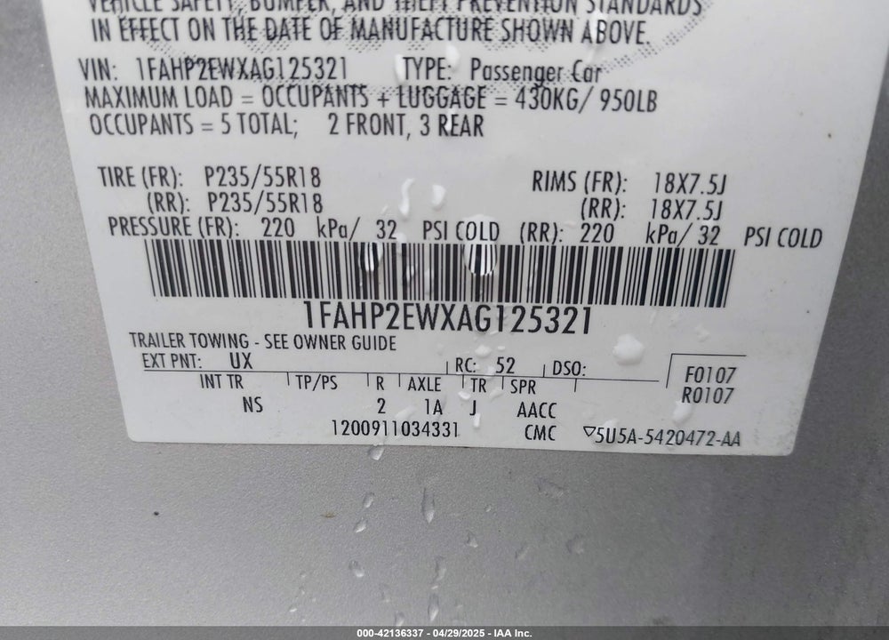 2010 FORD TAURUS SEL VIN: 1FAHP2EWXAG125321