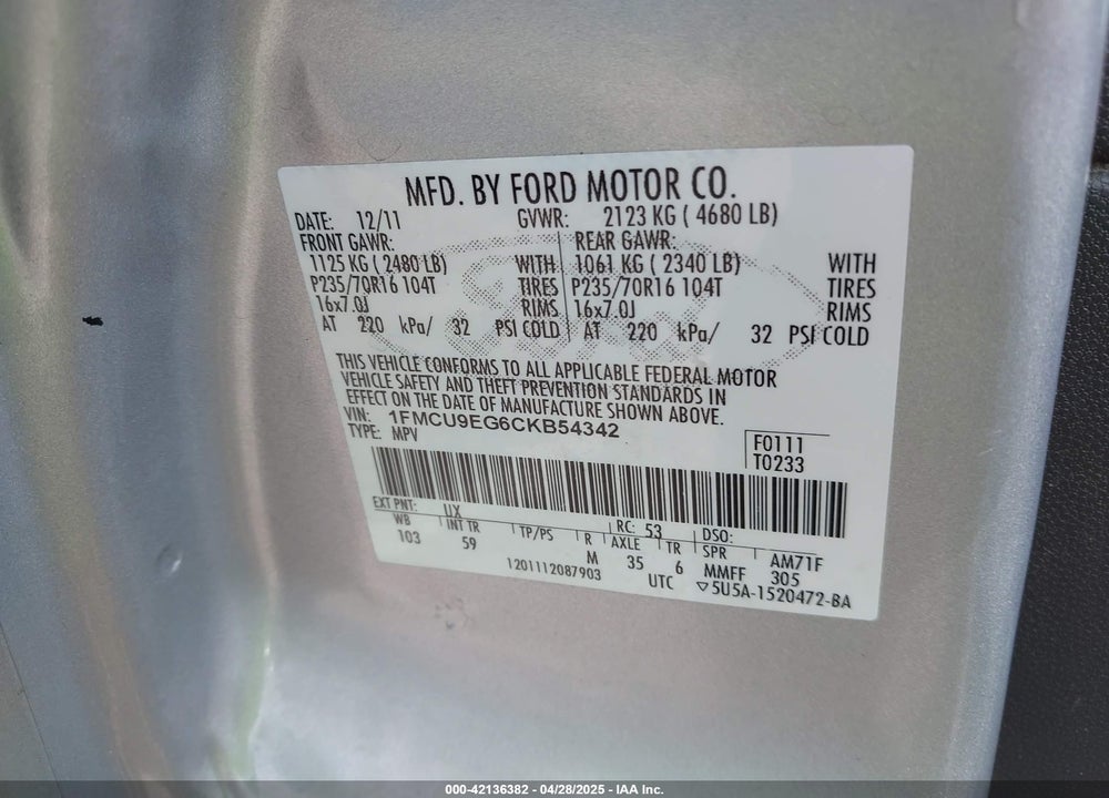 2012 FORD ESCAPE VIN: 1FMCU9EG6CKB54342