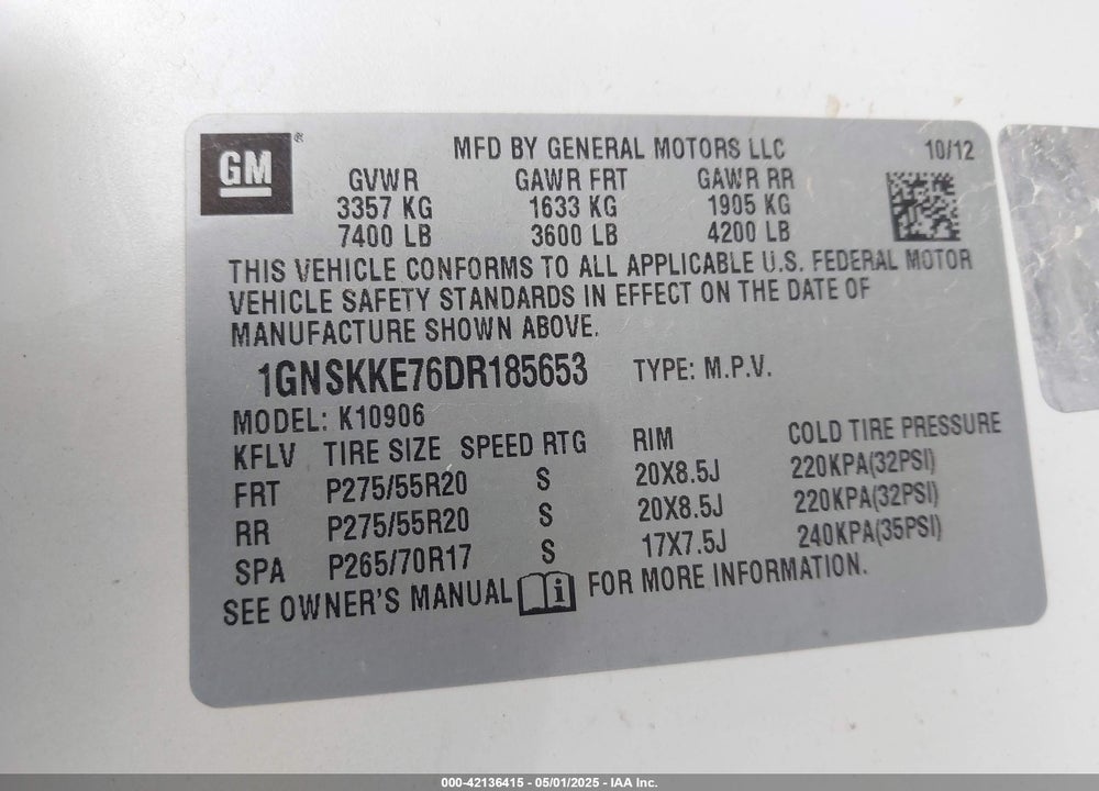 2013 CHEVROLET SUBURBAN 1500 VIN: 1GNSKKE76DR185653
