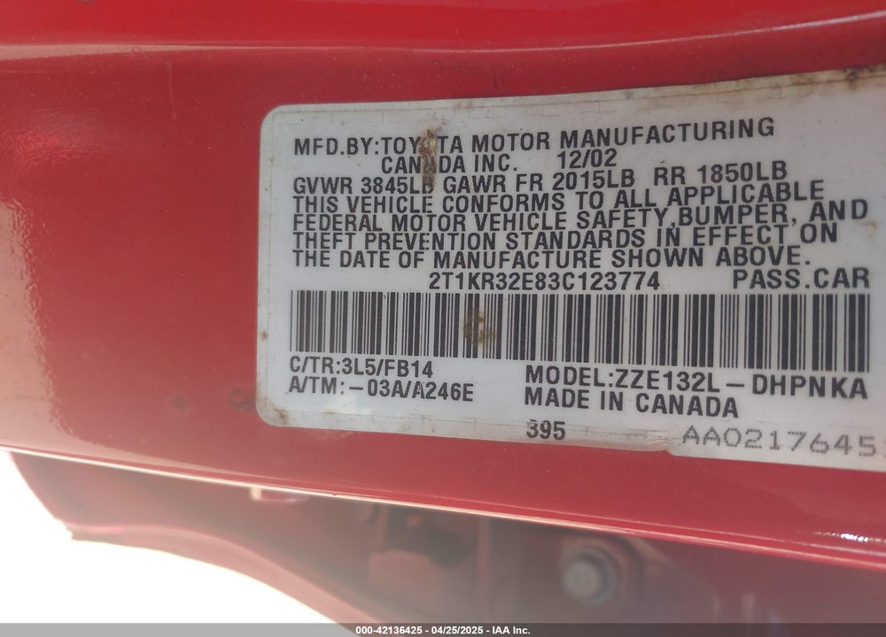 2003 TOYOTA MATRIX/XR VIN: 2T1KR32E83C123774