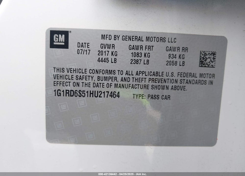 2017 CHEVROLET VOLT VIN: 1G1RD6S51HU217464