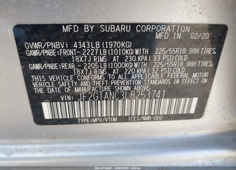 2020 SUBARU CROSSTREK LIMITED VIN: JF2GTANC3L8253741