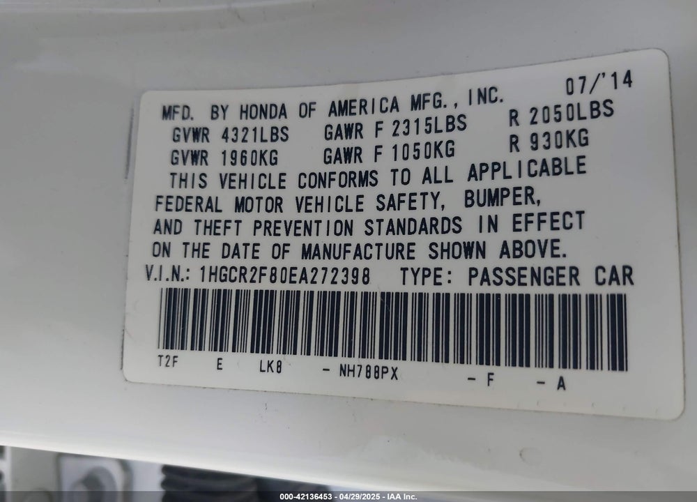 2014 HONDA ACCORD VIN: 1HGCR2F80EA272398