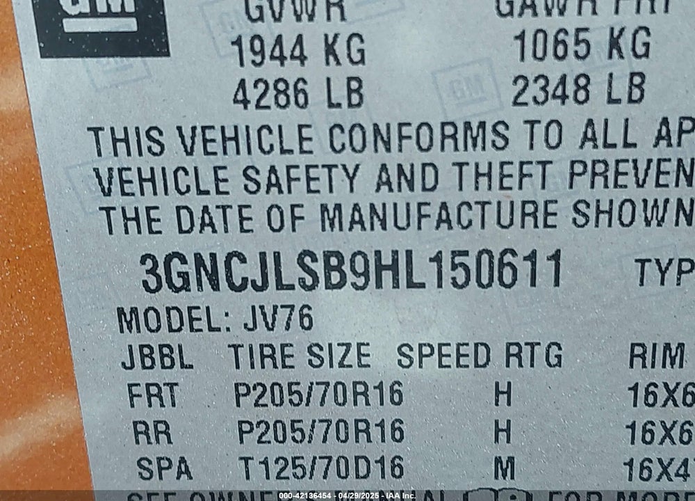2017 CHEVROLET TRAX LT VIN: 3GNCJLSB9HL150611