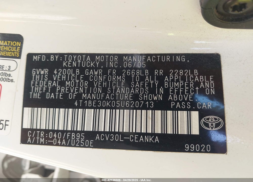 2005 TOYOTA CAMRY LE VIN: 4T1BE30K05U620713
