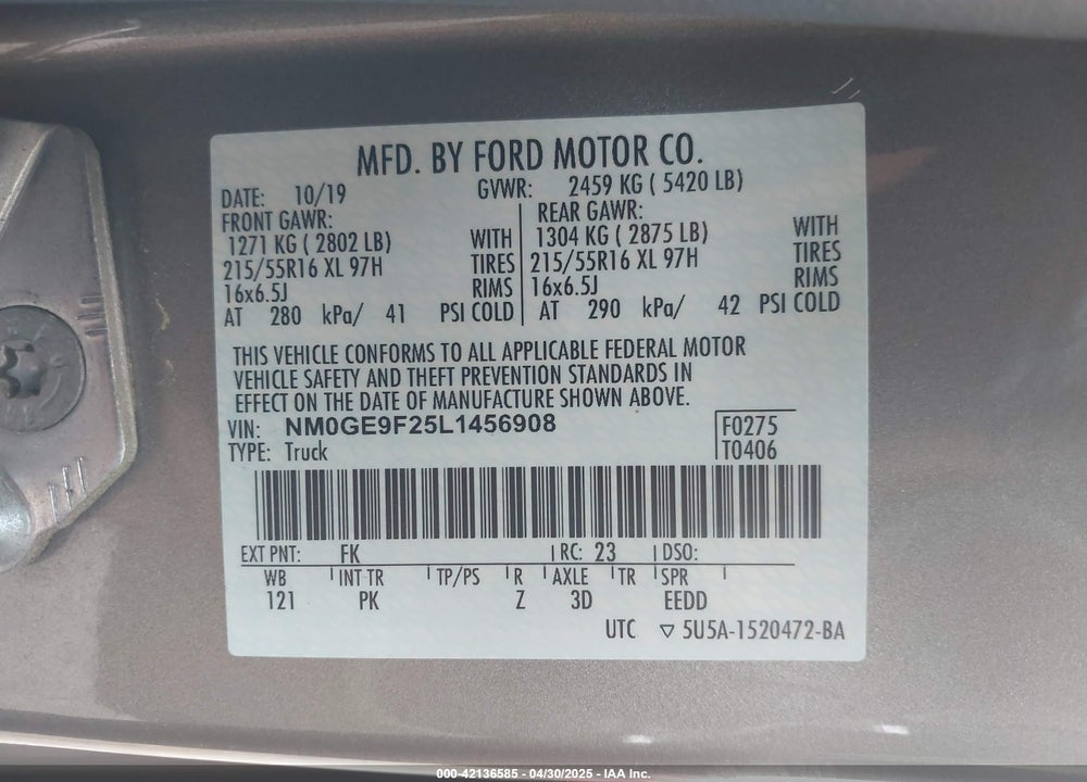 2020 FORD TRANSIT CONNECT XLT PASSENGER WAGON VIN: NM0GE9F25L1456908