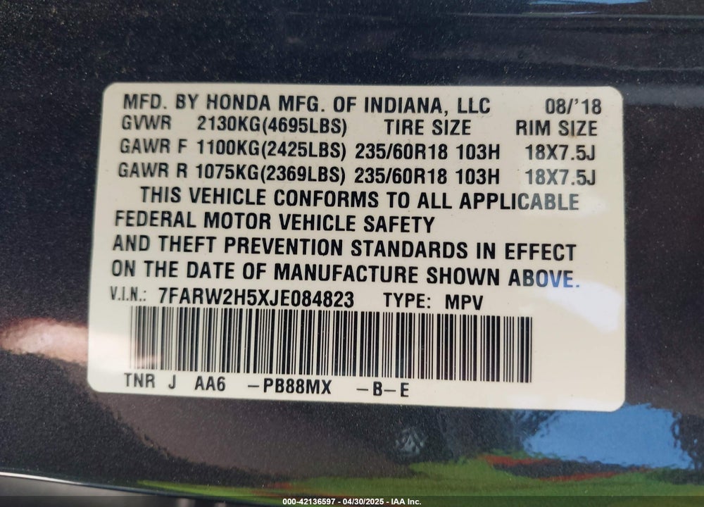 2018 HONDA CR-V EX VIN: 7FARW2H5XJE084823