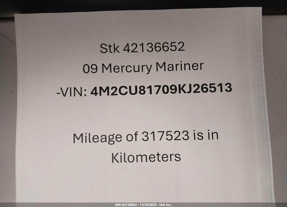 2009 MERCURY MARINER I4 VIN: 4M2CU81709KJ26513