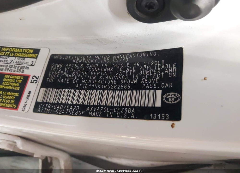 2019 TOYOTA CAMRY SE VIN: 4T1B11HK4KU262869