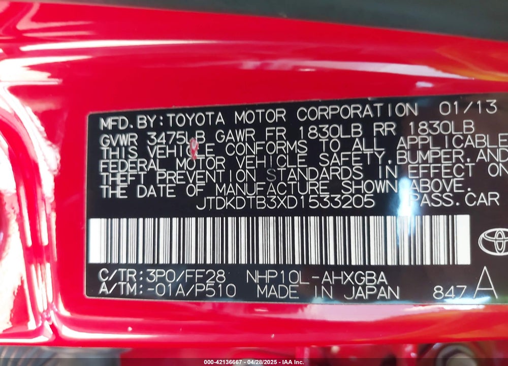 2013 TOYOTA PRIUS C VIN: JTDKDTB3XD1533205