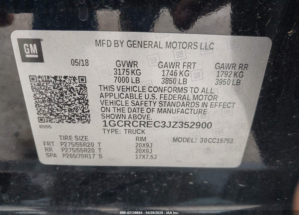 2018 CHEVROLET SILVERADO 1500 VIN: 1GCRCREC3JZ352900