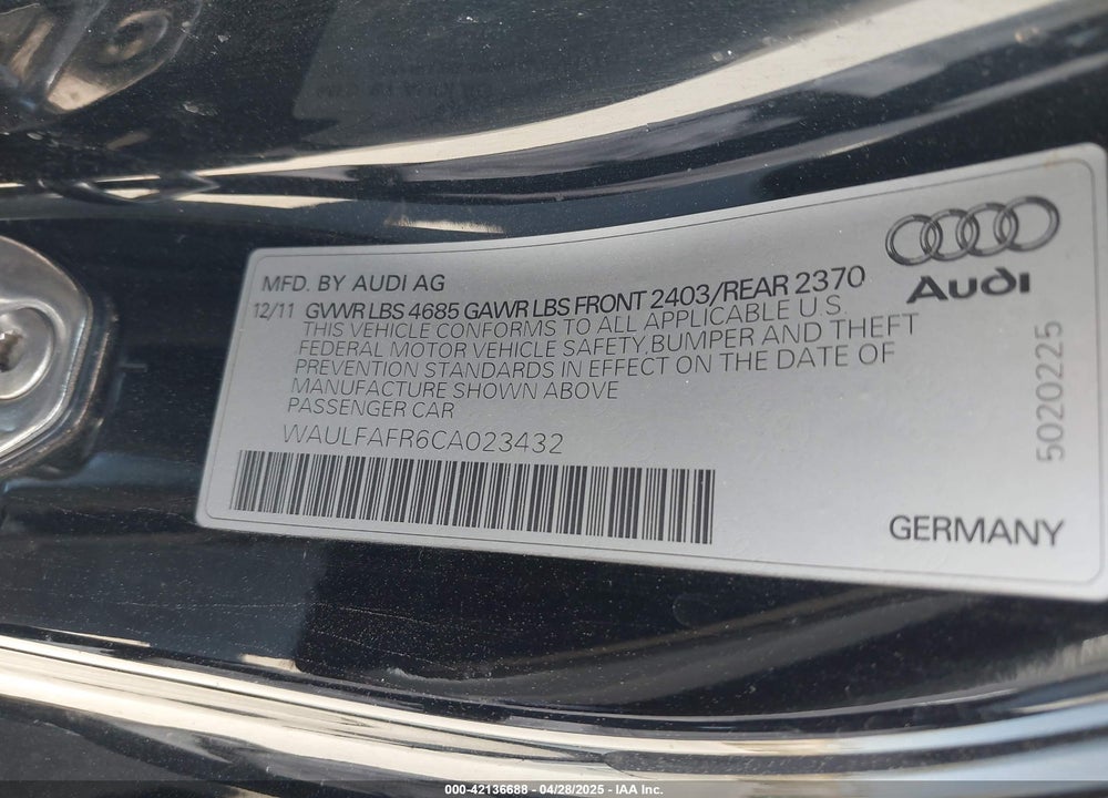 2012 AUDI A5 VIN: WAULFAFR6CA023432