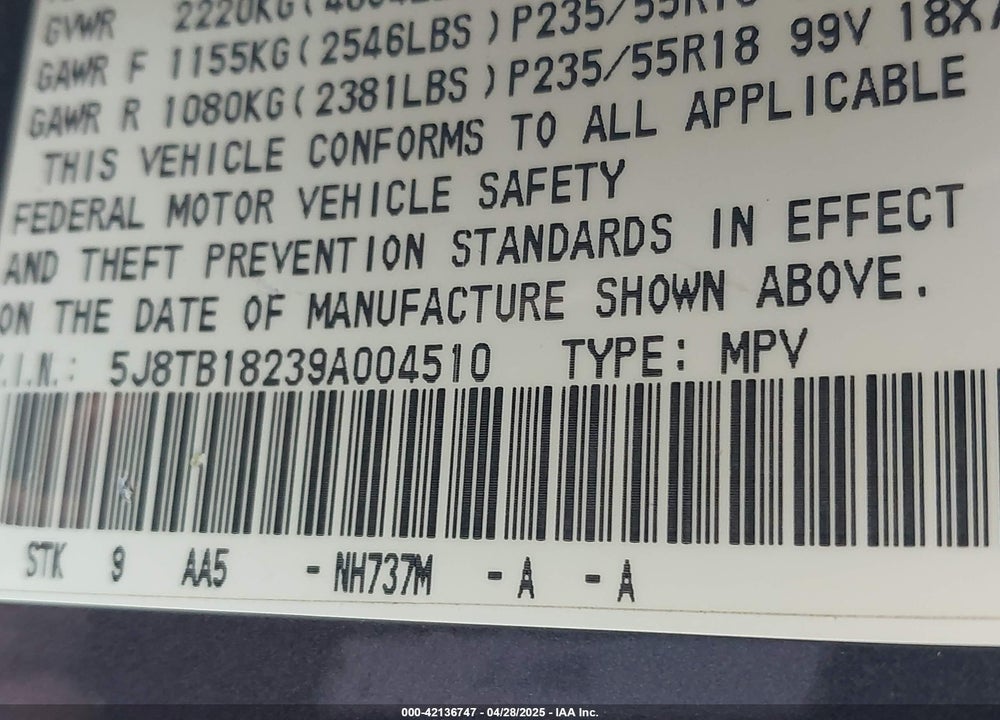 2009 ACURA RDX VIN: 5J8TB18239A004510