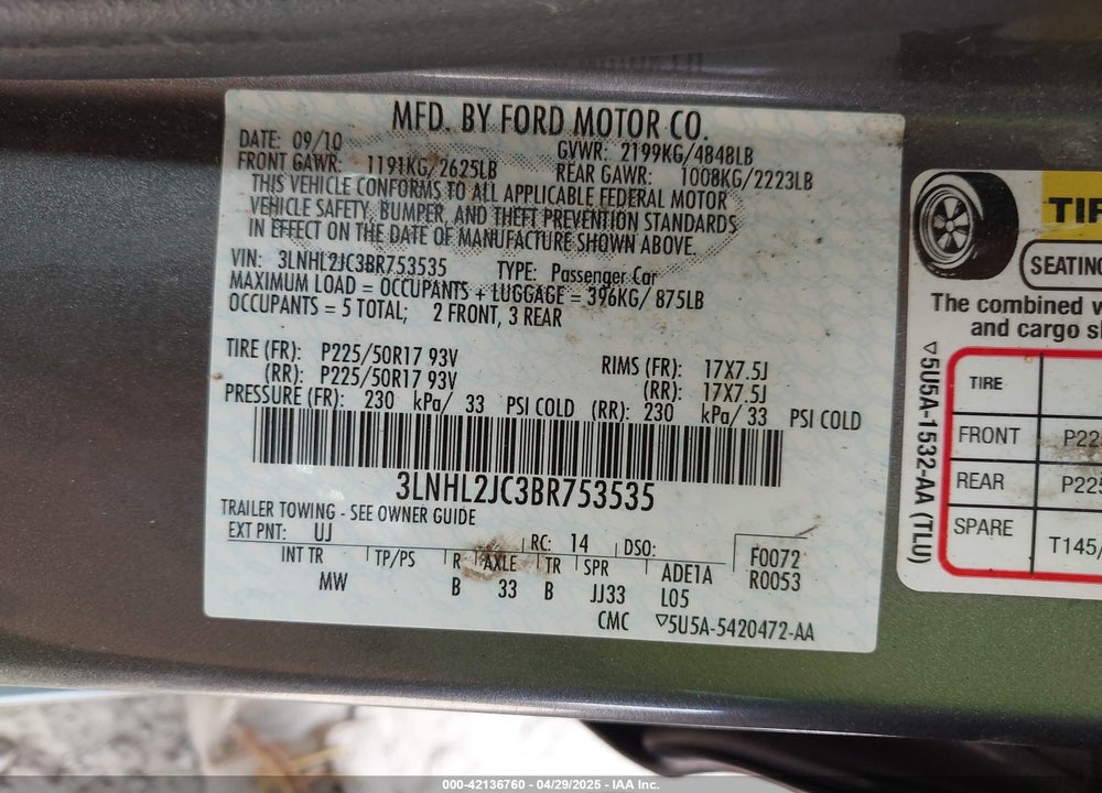 2011 LINCOLN MKZ VIN: 3LNHL2JC3BR753535