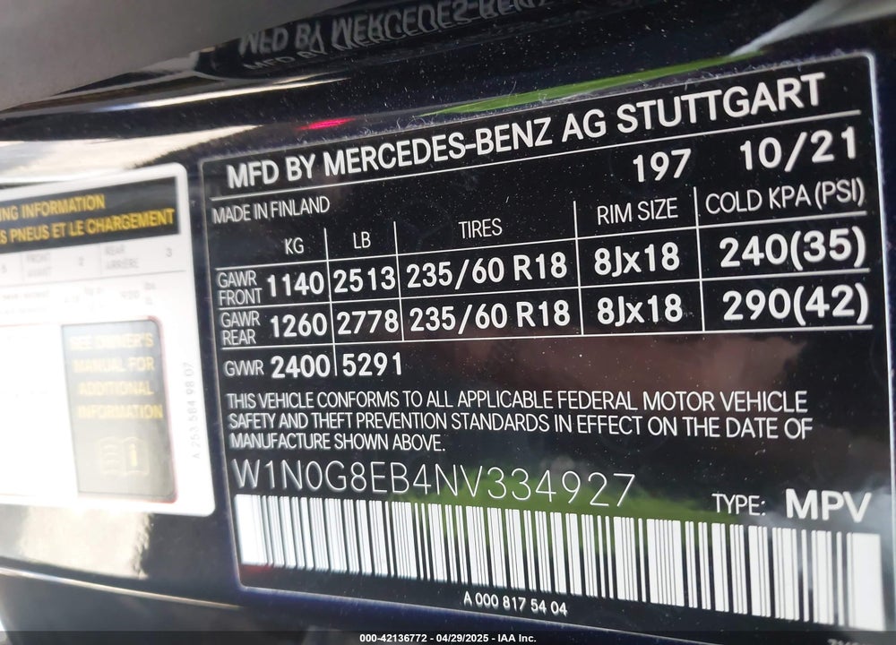 2022 MERCEDES-BENZ GLC 300 VIN: W1N0G8EB4NV334927