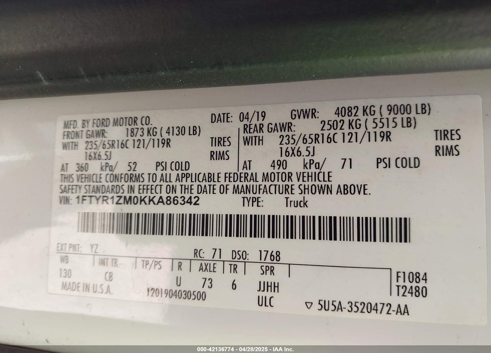2019 FORD TRANSIT-250 VIN: 1FTYR1ZM0KKA86342