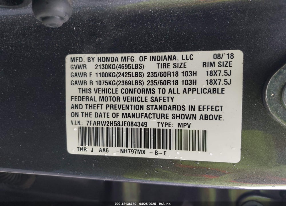 2018 HONDA CR-V VIN: 7FARW2H58JE084349