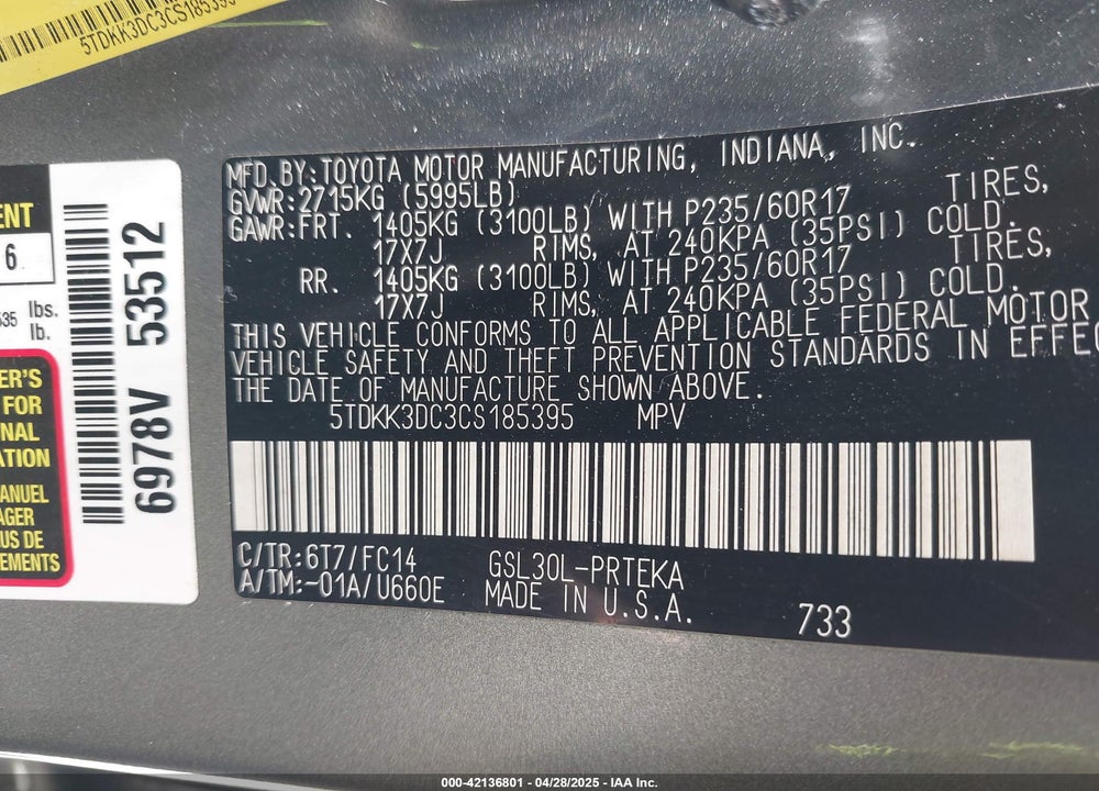 2012 TOYOTA SIENNA LE V6 8 PASSENGER VIN: 5TDKK3DC3CS185395