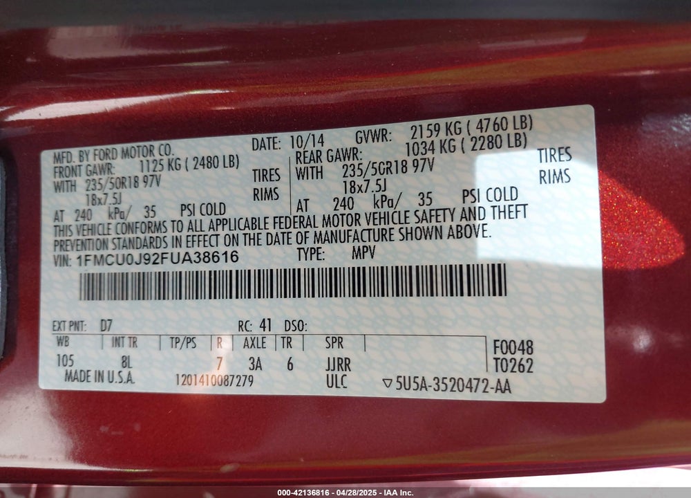 2015 FORD ESCAPE TITANIUM VIN: 1FMCU0J92FUA38616