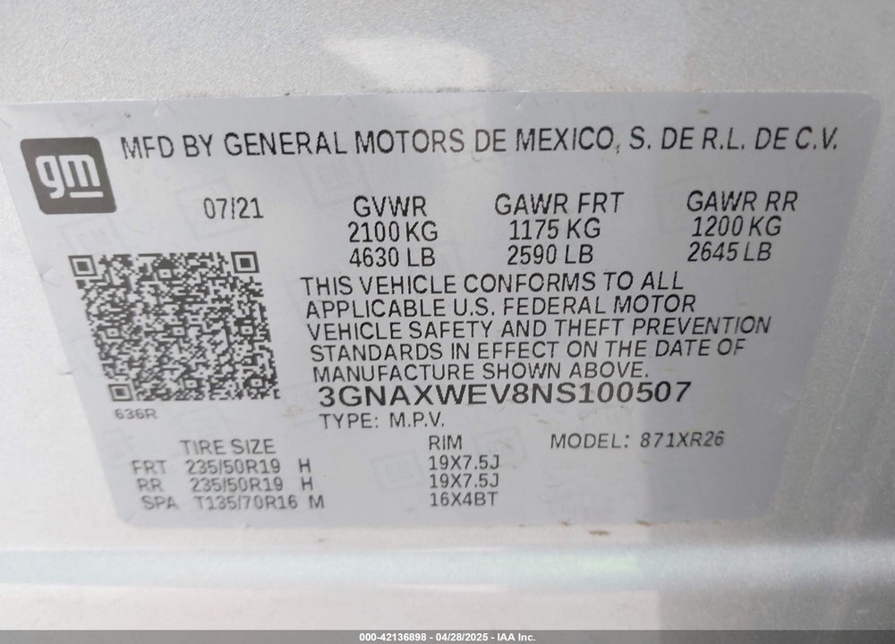 2022 CHEVROLET EQUINOX VIN: 3GNAXWEV8NS100507