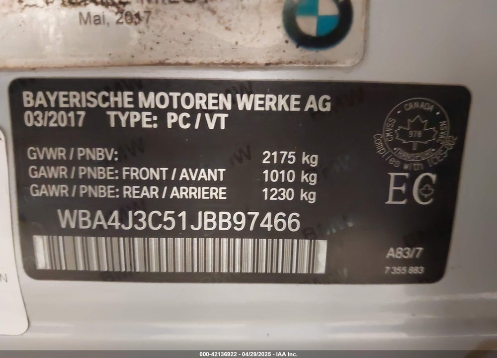 2018 BMW 4 SERIES VIN: WBA4J3C51JBB97466